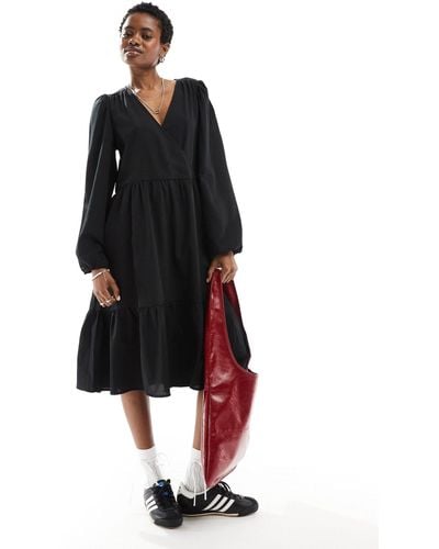 Monki Long Sleeve Wrap Midi Dress - Black