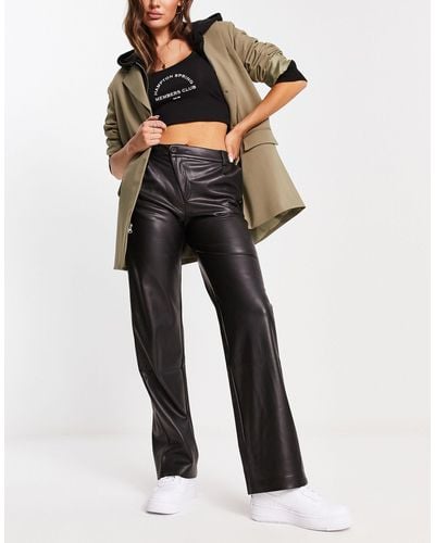 Pull&Bear Faux Leather Contrast Stitching Mid Waist Straight Leg Trouser Co-ord - Black