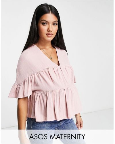 ASOS Asos Design Maternity Tiered Smock Top With Frill Sleeve - Pink