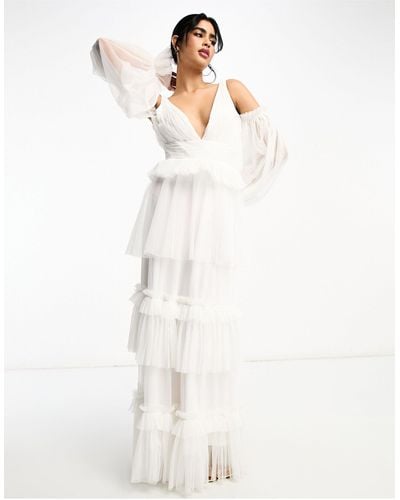 LACE & BEADS Exclusive Long Sleeve Tiered Maxi Dress - White