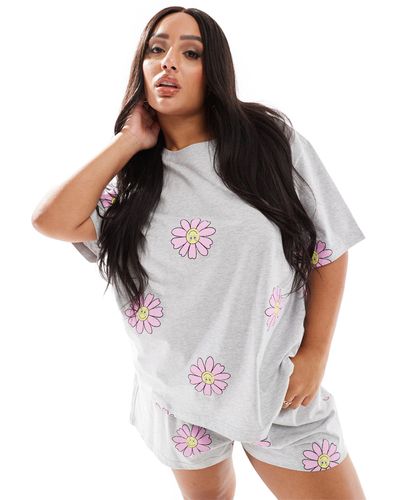 ASOS Asos Design Curve Flower Oversized Tee & Shorts Pyjama Set - Grey