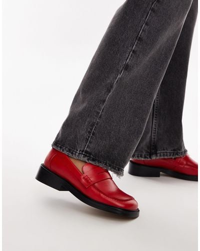 TOPSHOP Cole Premium Leather Square Toe Loafers - Red