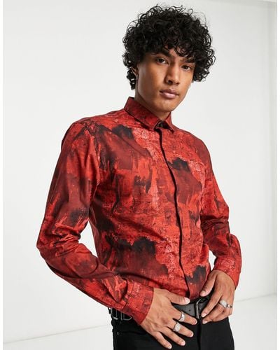 Twisted Tailor Cates - camicia bordeaux con stampa distorta e colletto con rever - Rosso
