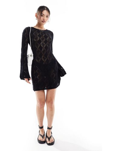 In The Style Knitted Crochet Long Sleeve Beach Mini Dress - Black