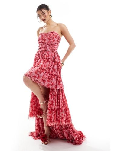 LACE & BEADS Bandeau Tulle Maxi Dress - Red