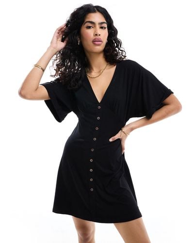 ASOS Roll Sleeve Button Front Mini Tea Dress - Black