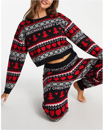 Brave Soul Co-ord Set Van Gebreide Fairisle Kersttrui Met joggingbroek - Rood