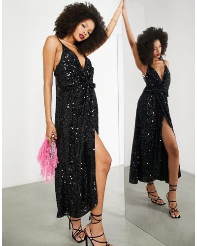 ASOS Twist Front Sequin Cami Midi Dress With Full Skirt - Black