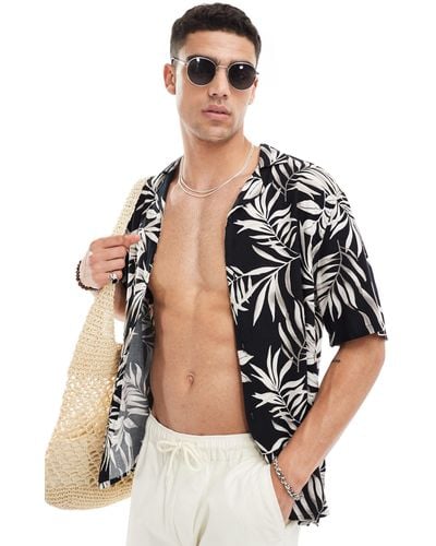 Hollister Thrifted Short Sleeve Revere Collar Tropical Floral Print Rayon Shirt - Black