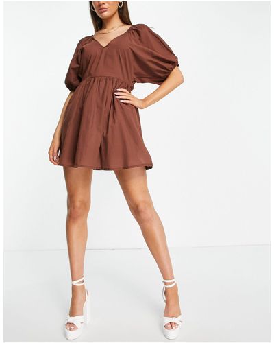 Trendyol Puff Sleeve Mini Smock Dress - Brown