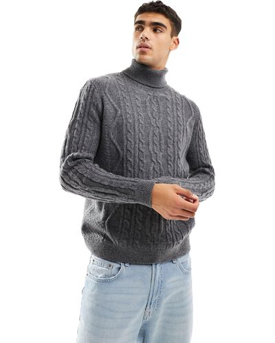 ASOS Heavyweight Knitted Cable Roll Neck Jumper - Grey
