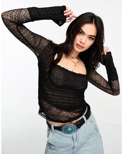 Free People Lace Square Neck Top - Black