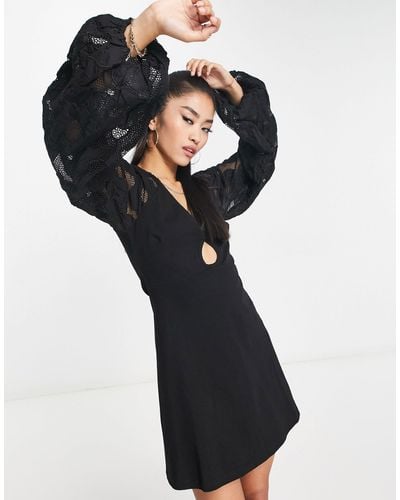 ASOS Mini Embroidered Dress With Crochet Detail And Puff Sleeves - Black