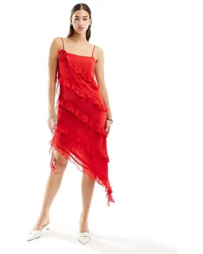 Monki Asymmetric Ruffle Detail Midi Dress - Red