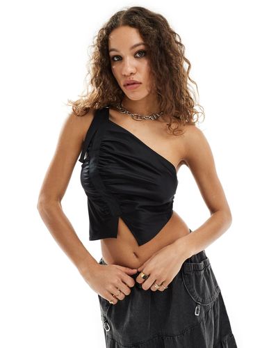 Collusion One Shoulder Satin Top With Hardware Detail - Black