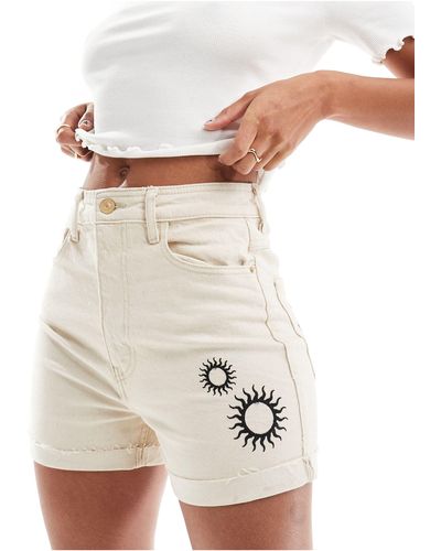 Pieces Cotton Beach Shorts With Mono Solar Print Embroidery - White