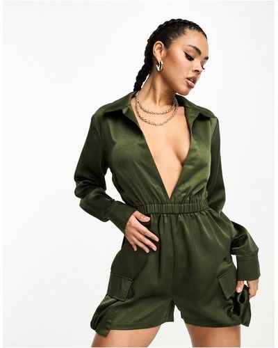 I Saw It First Utility Satin Plunge Front Playsuit - Green