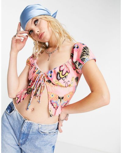 Bershka Tie Front Butterfly Print Tee - Pink