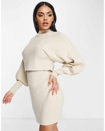 Missy Empire Jumper Overlay Knitted Dress - Natural