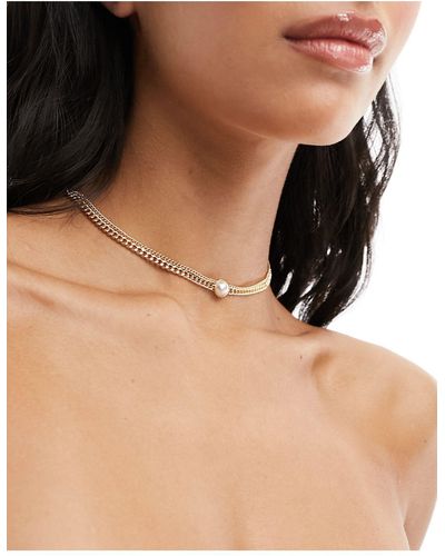 ASOS Choker With Double Row Curb Chain And Faux Pearl Detail - Black