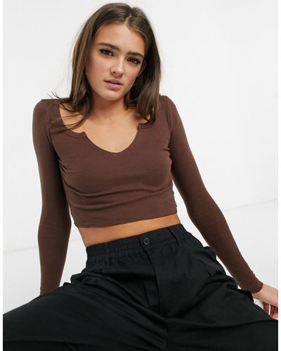 Pull&Bear Notch Front Long Sleeve Top - Brown