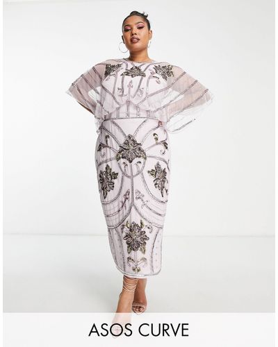 ASOS Asos Design Curve Blouson Midi Dress With Art Nouveau Embellishment - White