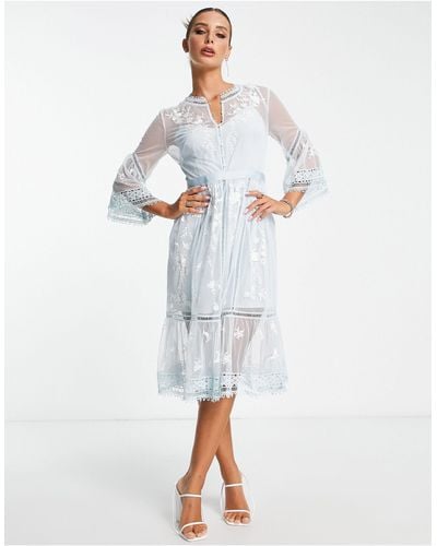 French Connection Midi Tea Dress With Delicate Floral Embroidery - White