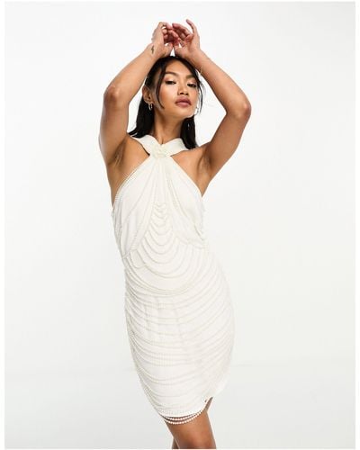 ASOS Halter Pearl Mini Dress With Drape Beading Detail - White