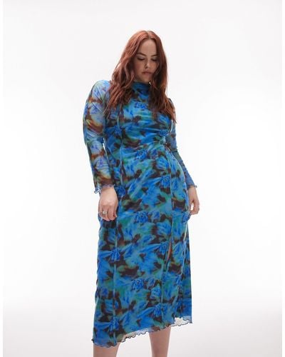 TOPSHOP Curve Floral Printed Mesh Midi Dress - Blue