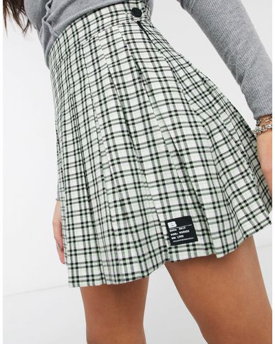 Bershka Checked Pleated Mini Skirt - Green