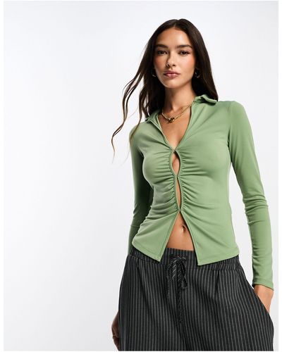 ASOS Slinky Ruched Front Long Sleeve Shirt - Green