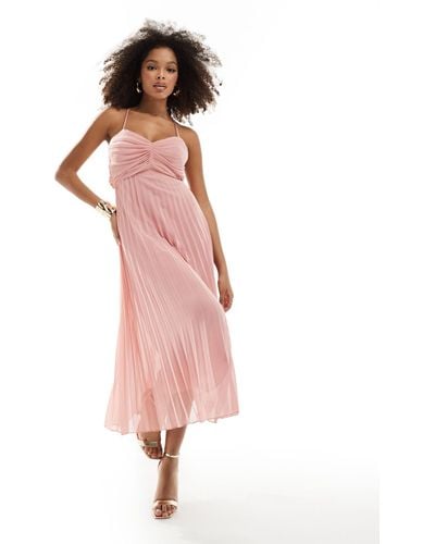 ASOS Pleated Bodice Strappy Pleat Midi Dress With Tie Back Detail - Pink