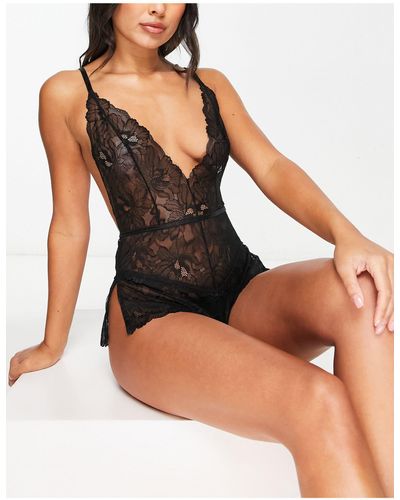 Ann Summers After Dark All Over Lace Plunge Front Teddy - Black