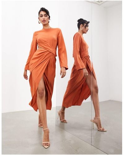 ASOS Long Sleeve Drape Detail Midaxi Dress - Orange