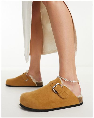 Monki Faux Suede Clog With Buckle - Brown