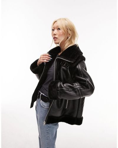 Topshop Unique Faux Leather Shearling Zip Front Oversized Aviator Jacket With Double Collar Detail - Black