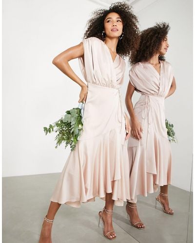 ASOS Bridesmaid Satin Wrap Midi Dress With Ruched Detail - Pink