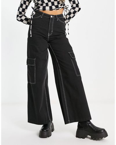 Weekday Sienna - pantalon cargo à surpiqûres contrastantes - Noir