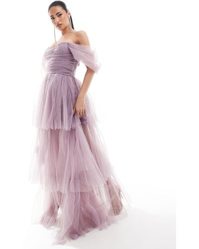 LACE & BEADS Puff Sleeve Tulle Maxi - Pink