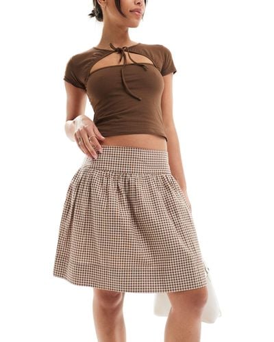 Motel Gingham Knee Length Skirt - Brown