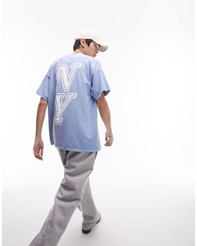 TOPMAN T-shirt oversize avec imprimé new york city devant et au dos - délavé - Bleu