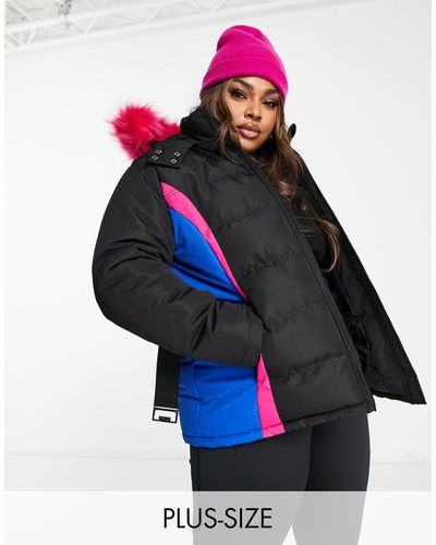 Threadbare Plus Ski Puffer Jacket With Faux Fur Trim Hood - Blue