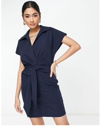 ASOS Collared Wrap Front Mini Dress With Knot - Blue