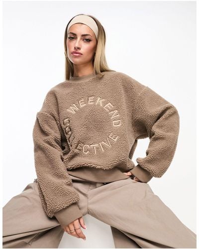 ASOS Asos Design Weekend Collective Oversized Borg Sweatshirt With Embroidered Logo - Natural