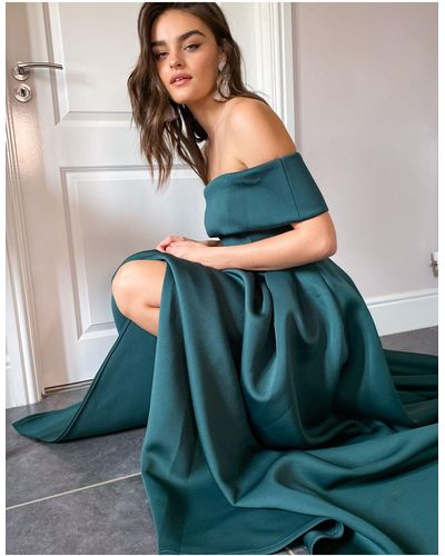 True Violet Black Label Folded Bardot Thigh Split Maxi Prom Dress With Pockets - Green