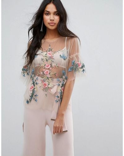 Missguided Sheer Embroidered Top - Natural