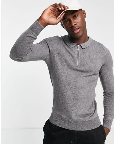 New Look Muscle Fit Knitted Zip Neck Jumper - Grey