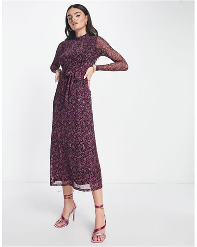 Whistles Vestido midi con cuello alto, estampado floral y mangas transparentes - Morado