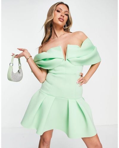 ASOS Bardot Drape Mini Dress With Pep Hem - Green