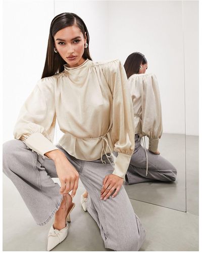 ASOS Hammered Satin Bold Shoulder Cropped Blouse With Removable Tie - Natural